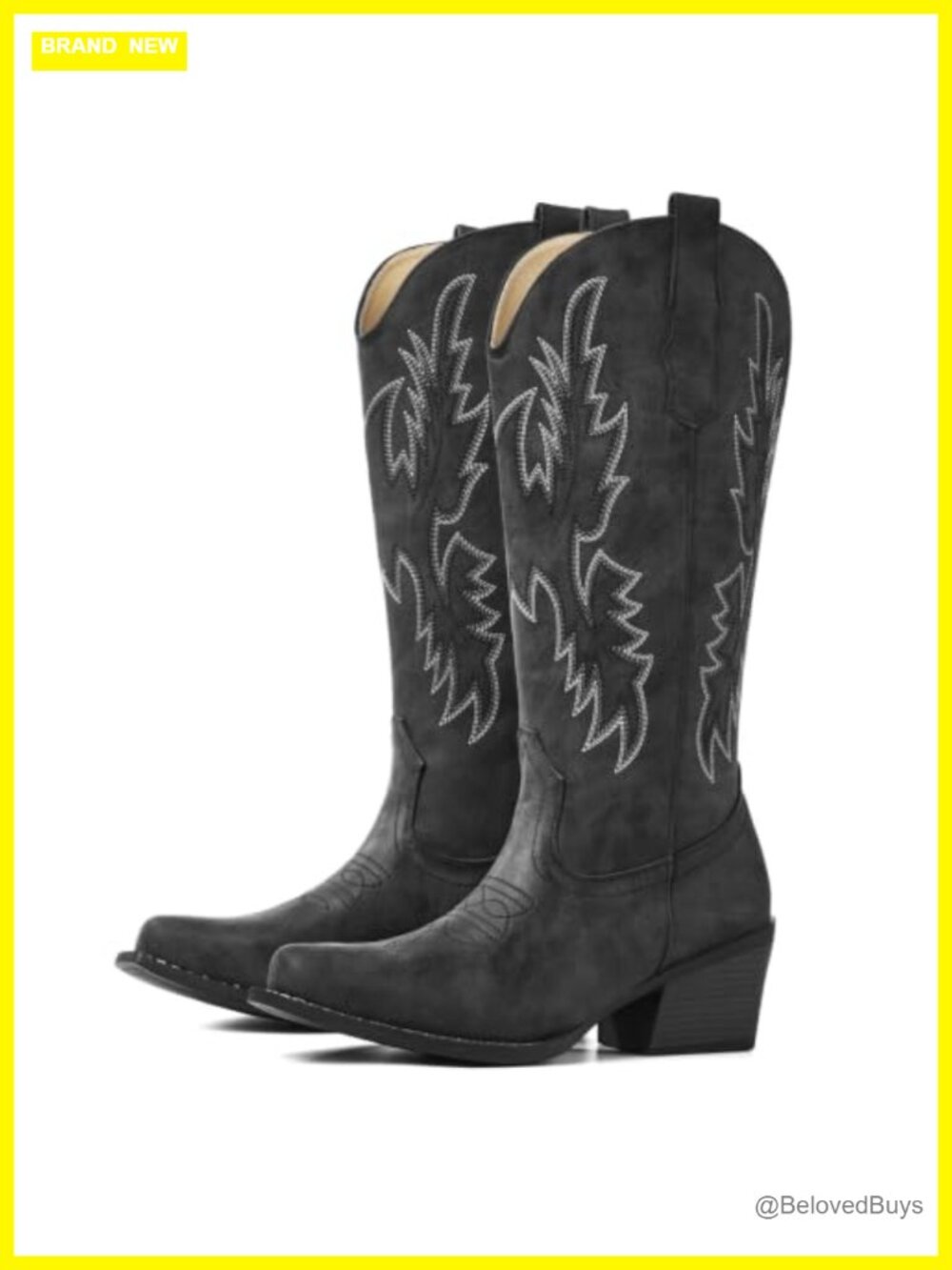 Women's Snip Toe Mid Calf Cowgirl Boots Faux Leather Embroidered Block Heel